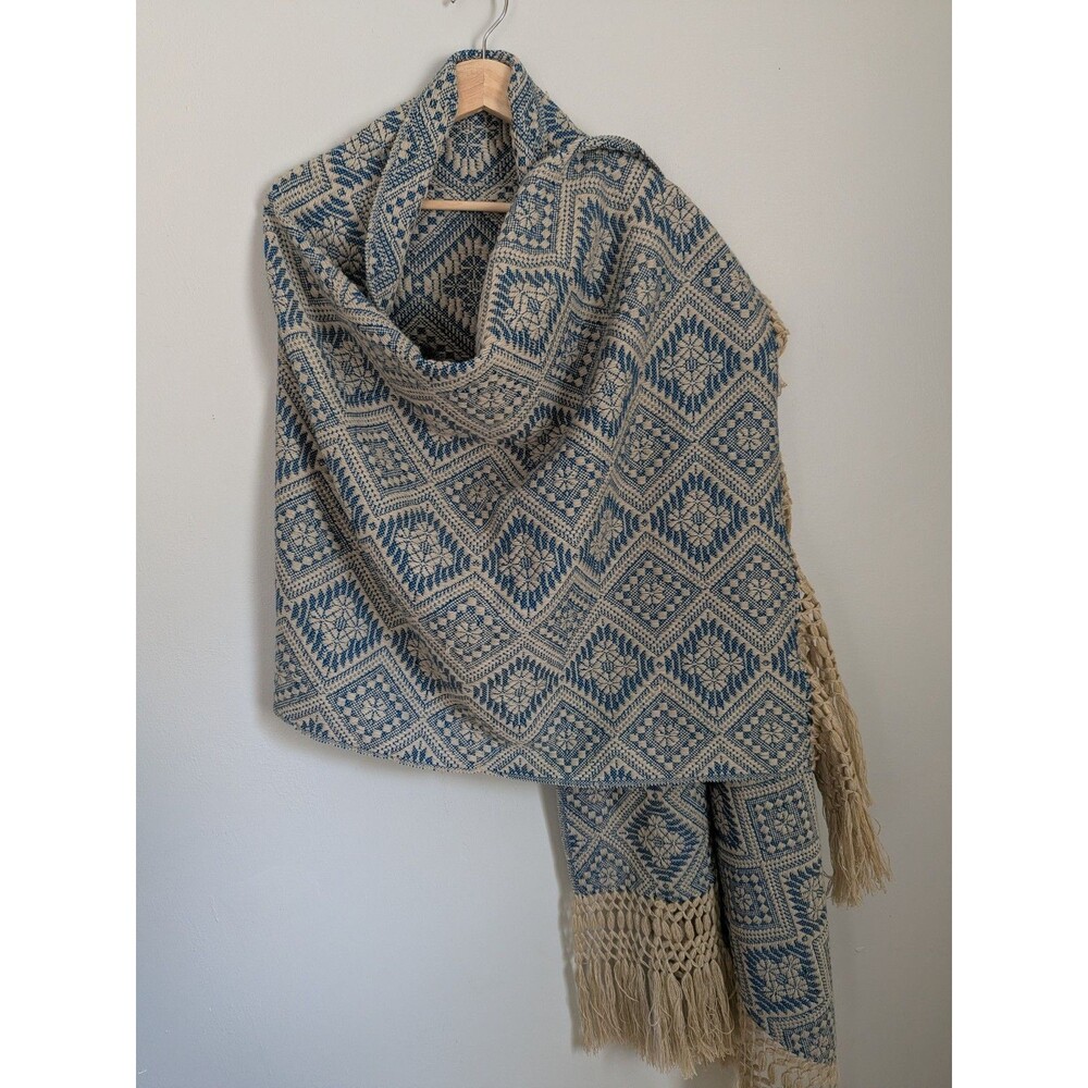 Handwoven Mexican Rebozo Shawl Wrap Blue Beige Fringe Large Scarf Throw Runner